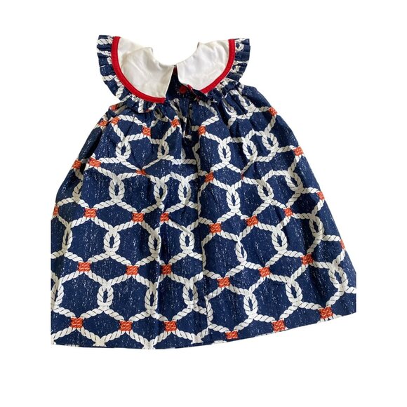 La Za Me Nautical Rope Print Baby Dress size 12 Month Sleeveless White Collar - Picture 2 of 15